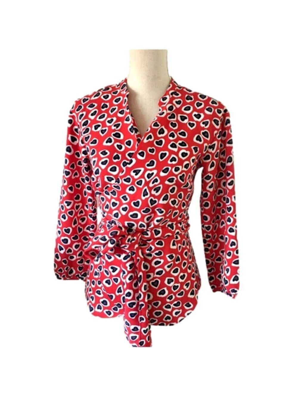 J. Crew Heart Print Wrap Top in Spring Hearts Red Ivory Style L4426 size XXS